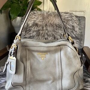 Prada Light Gray Pebbled Leather Shoulder Bag with Gold Hardware